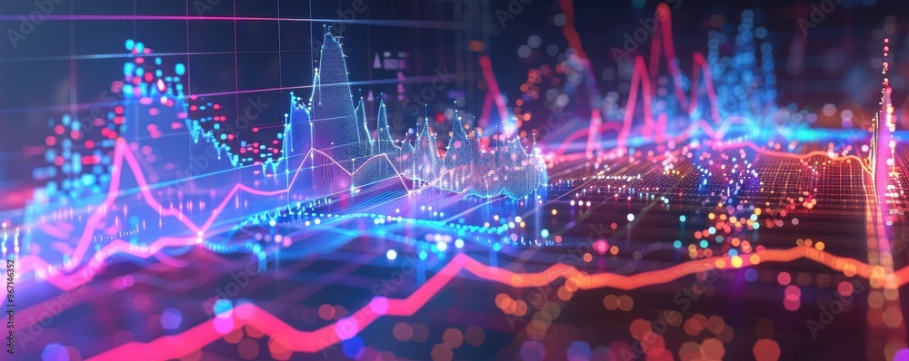 Poster Dynamic digital graph depicting financial market trends with vibrant colors and glowing lines representing data analytics and technology.