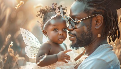 Black father & daughter in fairy princess costumes for Father's Day.