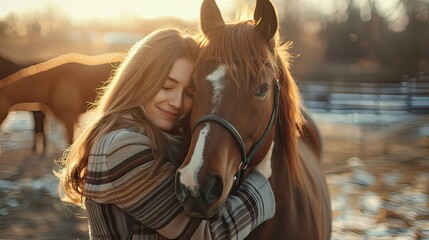 Obraz premium Happy woman hugging her horse. A young woman on a horse farm spends time with her horses. 