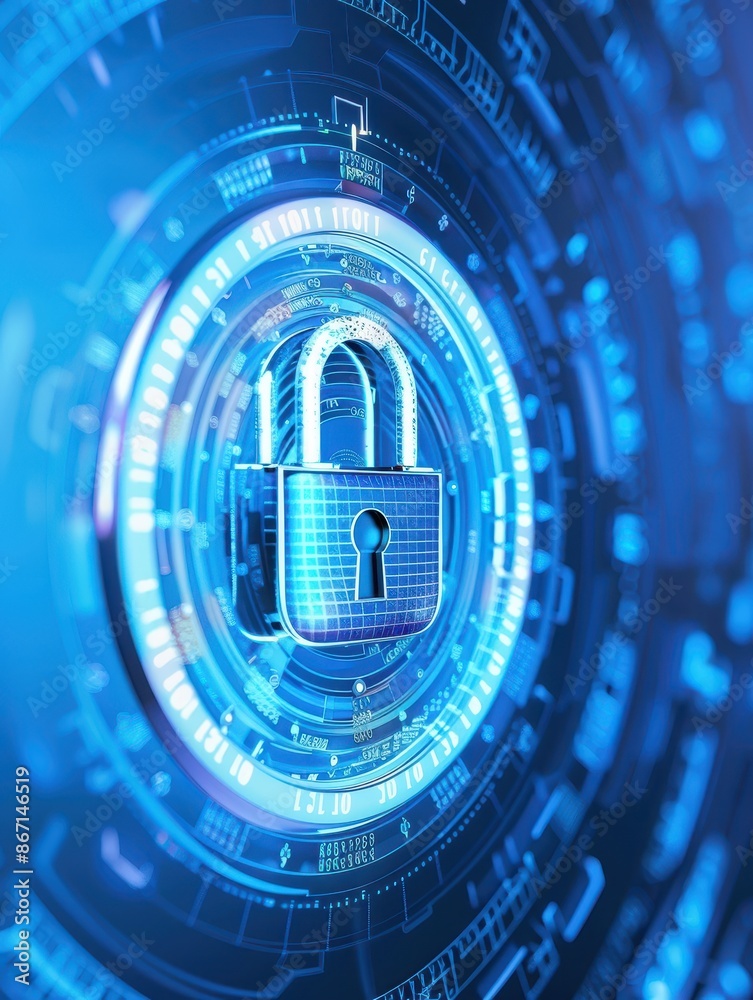 Poster digital security concept with padlock and blue lock mechanism, highlighting cyber protection in a fu