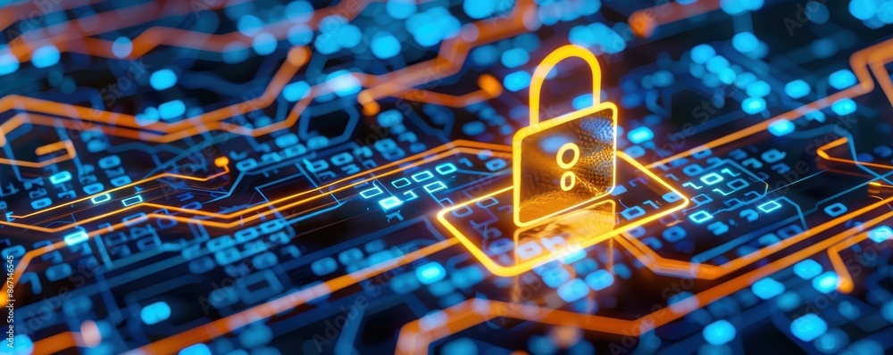 Poster digital security concept with a glowing lock symbol on a circuit board, illustrating cybersecurity a
