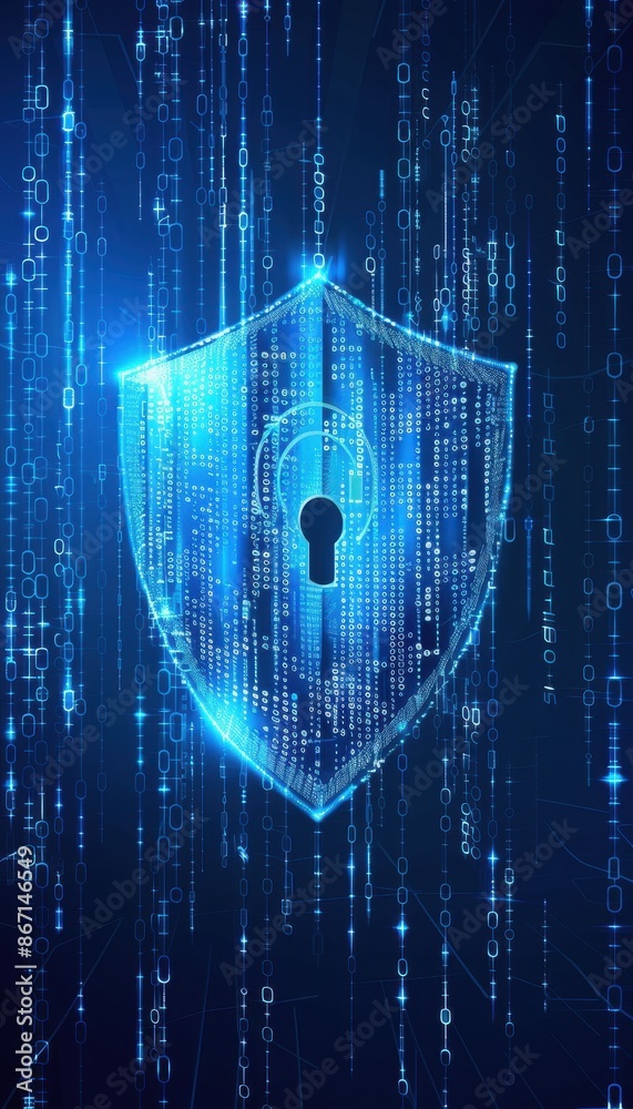 Poster Digital security concept with a glowing shield and binary code background, representing cybersecurity, data protection, and secure connection.
