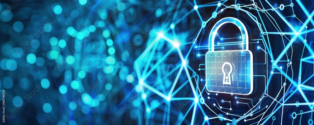 Poster Digital security concept with a glowing lock and complex network connections, representing cybersecurity and data protection.