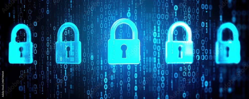 Poster Digital Security: Blue padlock symbols aligned in dark background representing cybersecurity and data protection concept.
