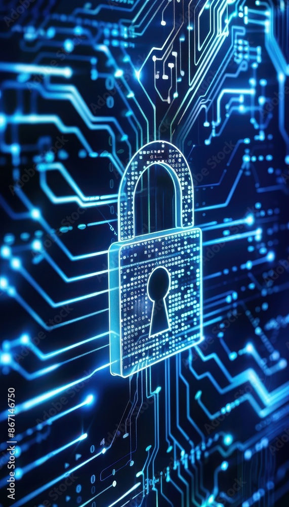 Aufkleber Digital lock symbol on a blue circuit board background representing cybersecurity and data protection in technology.