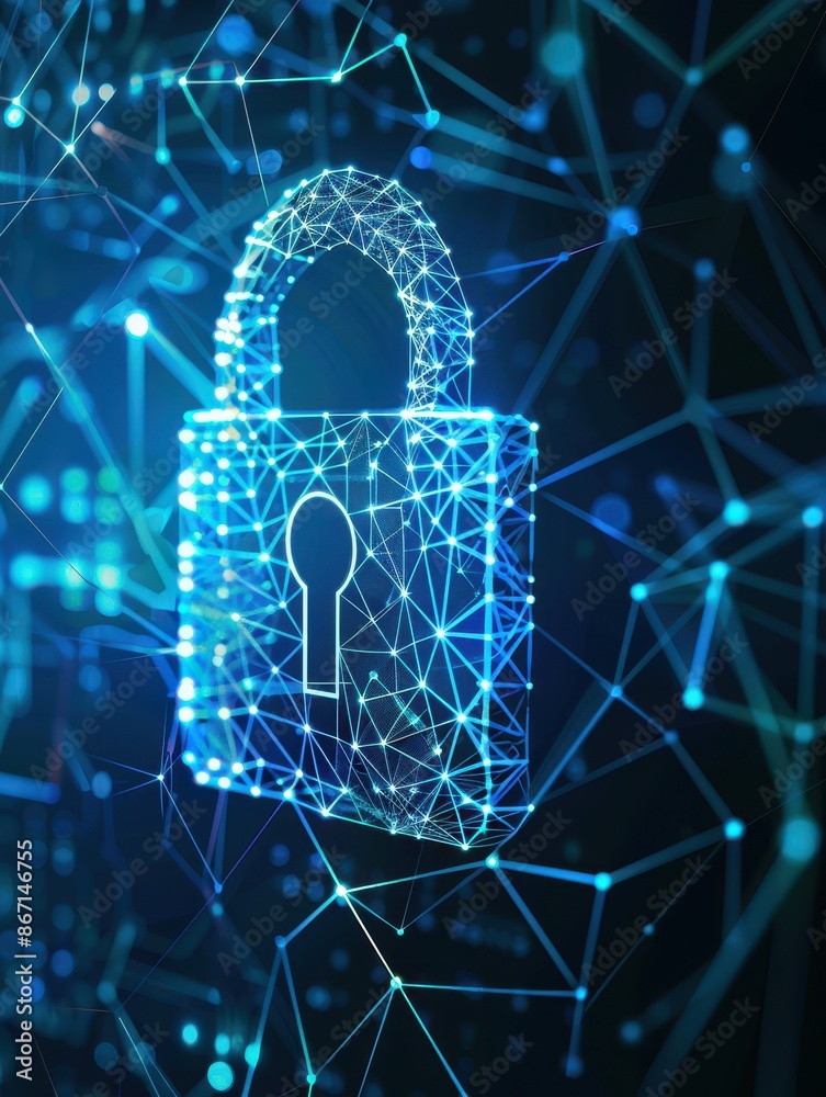 Poster Digital lock illustration with network connections symbolizing cybersecurity, data protection, and secure internet communication.