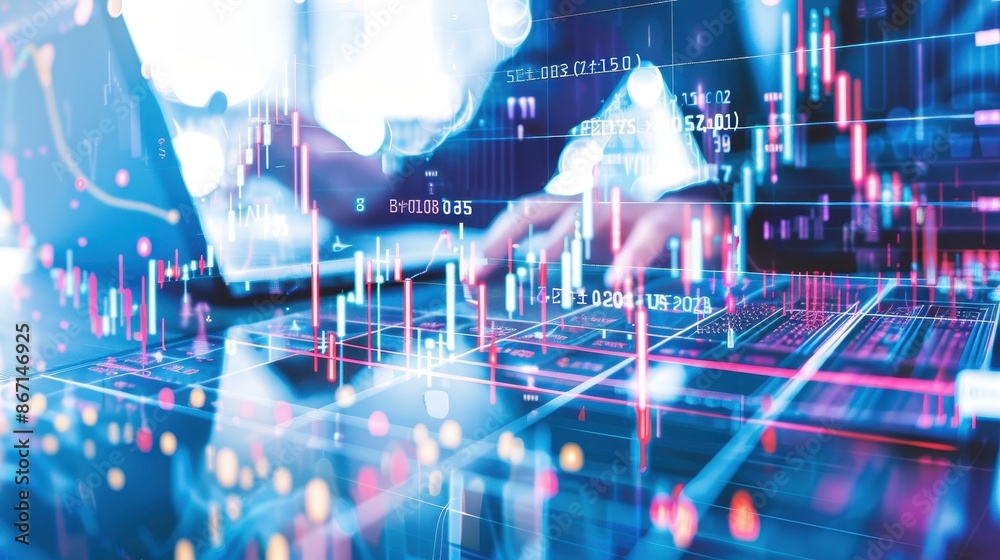 Poster Digital background showing financial trading graph and stock market trends. Data analysis concept with charts and a blurred typing hand.