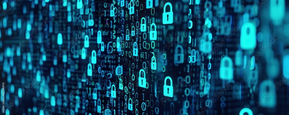 Fototapete Cybersecurity concept with a digital background featuring multiple locks and data symbols for security representation.