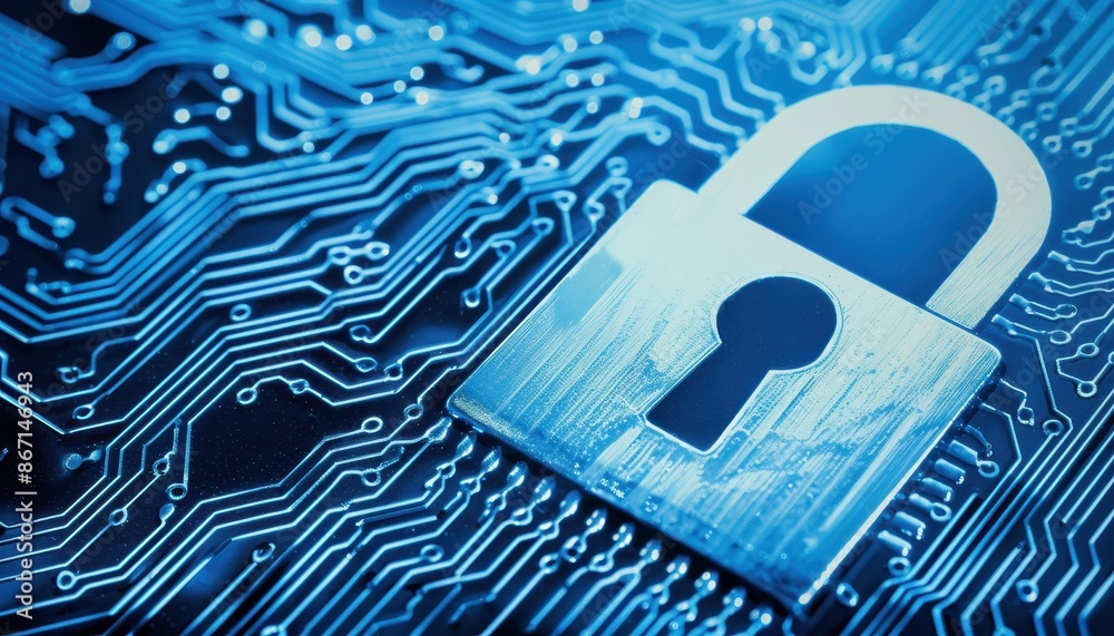 Poster Cybersecurity concept with a lock on a blue circuit board representing digital protection and data privacy.