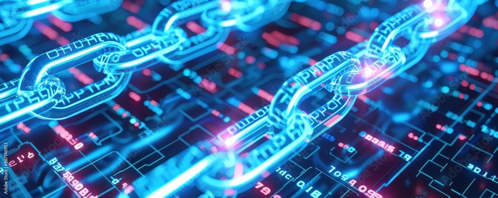 Aufkleber Digital blockchain technology concept with a futuristic chain over a virtual background. Ideal for tech, innovation, and cryptocurrency visuals.