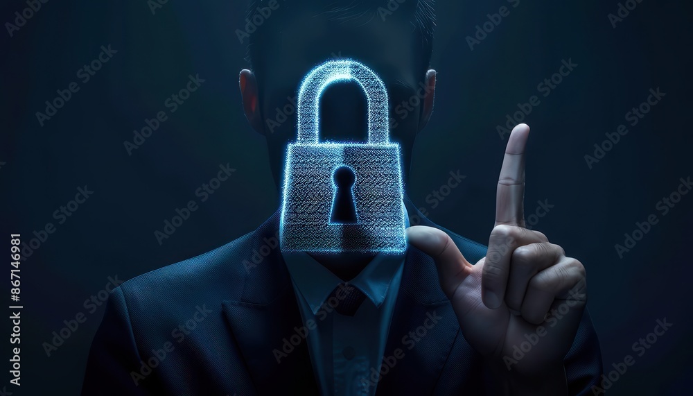 Aufkleber conceptual image of data privacy and security, featuring a lock overlay on a person in a suit, symbo