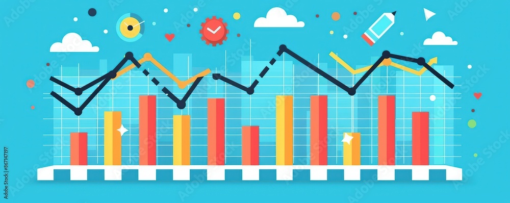 Poster Colorful data visualization graph with bar chart and line chart on a blue background, representing analytics and statistics.