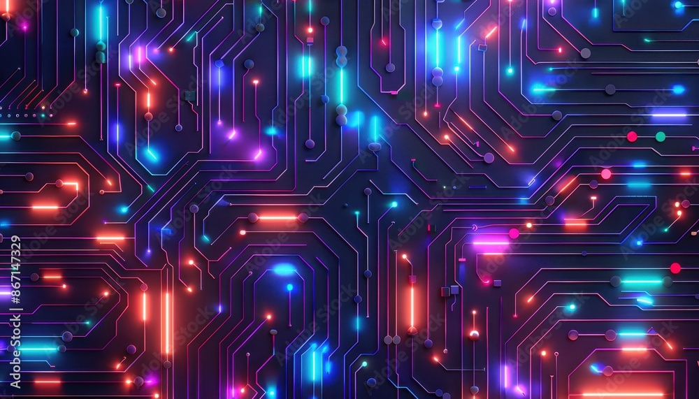 Poster colorful abstract digital circuitry pattern featuring glowing lights, lines, and geometric shapes, r