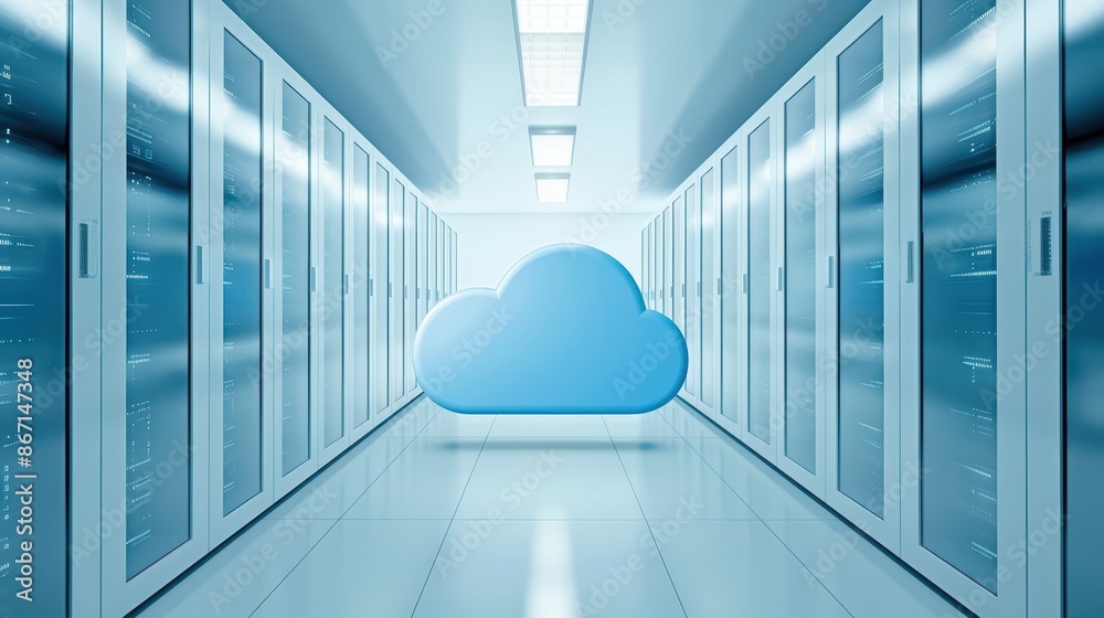 Aufkleber Cloud computing concept with servers and a cloud icon in a modern data center, symbolizing internet storage and technology infrastructure.
