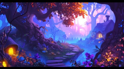 Obraz premium Magical Enchanted Forest with Glowing Plants, Mushrooms and Stone Path. Fantasy landscape illustration, concept art