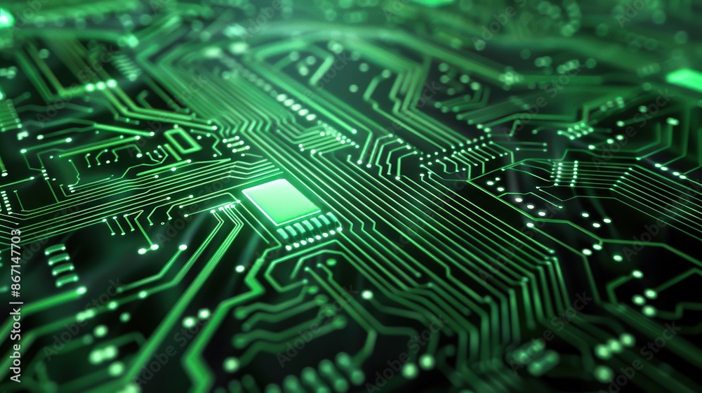 Poster Close-up of a green electronic circuit board showing intricate pathways and components, representing technology and innovation.