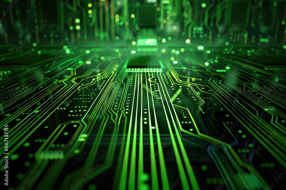 Aufkleber Close-up of a green circuit board with intricate patterns and glowing lights, illustrating advanced technology and modern electronics.