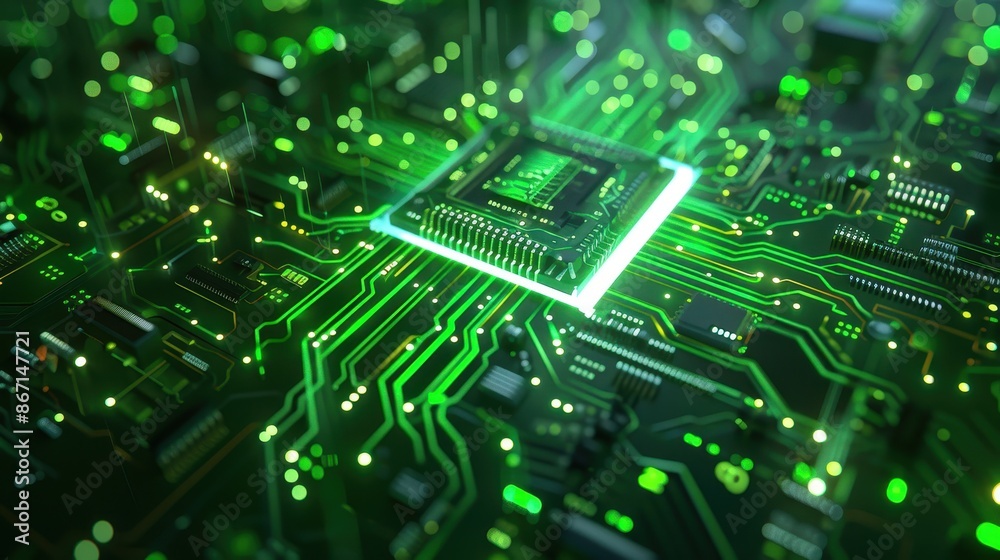 Fototapete close-up of a glowing green circuit board with a prominent central microchip surrounded by intricate