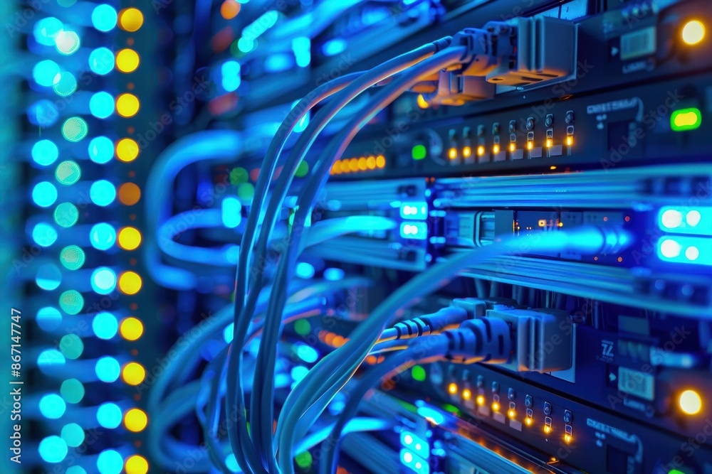 Leinwandbilder close-up image of data center servers with vibrant blue lights, highlighting the complex network cab
