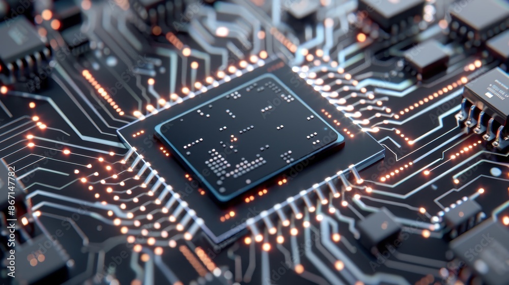 Poster Close-up image of a semiconductor microchip on a circuit board with intricate circuitry and connections, emphasizing technology and innovation.
