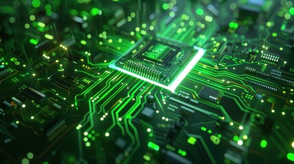 Obraz premium Close-up of a glowing green circuit board with a prominent central microchip surrounded by intricate electronic pathways.