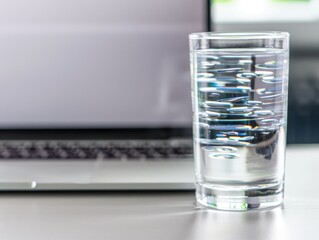 Close-up of a glass of water placed on a desk next to a laptop, symbolizing hydration and productivity in a workspace setting.
