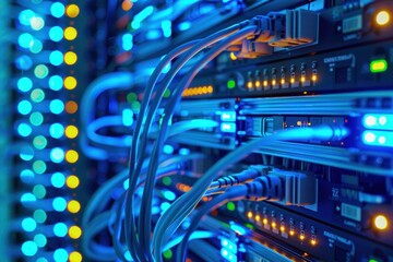 Close-up image of data center servers with vibrant blue lights, highlighting the complex network cables and advanced technology.