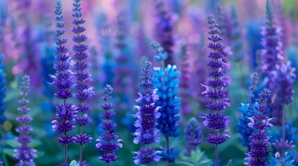 A vibrant display of salvia flowers in shades of blue and purple, their tall, spiky blooms standing out against the green foliage, creating a lively and dramatic garden scene full of color and life