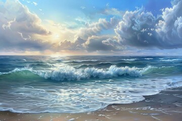 Ocean waves crashing on a sandy beach at sunset with a dramatic sky