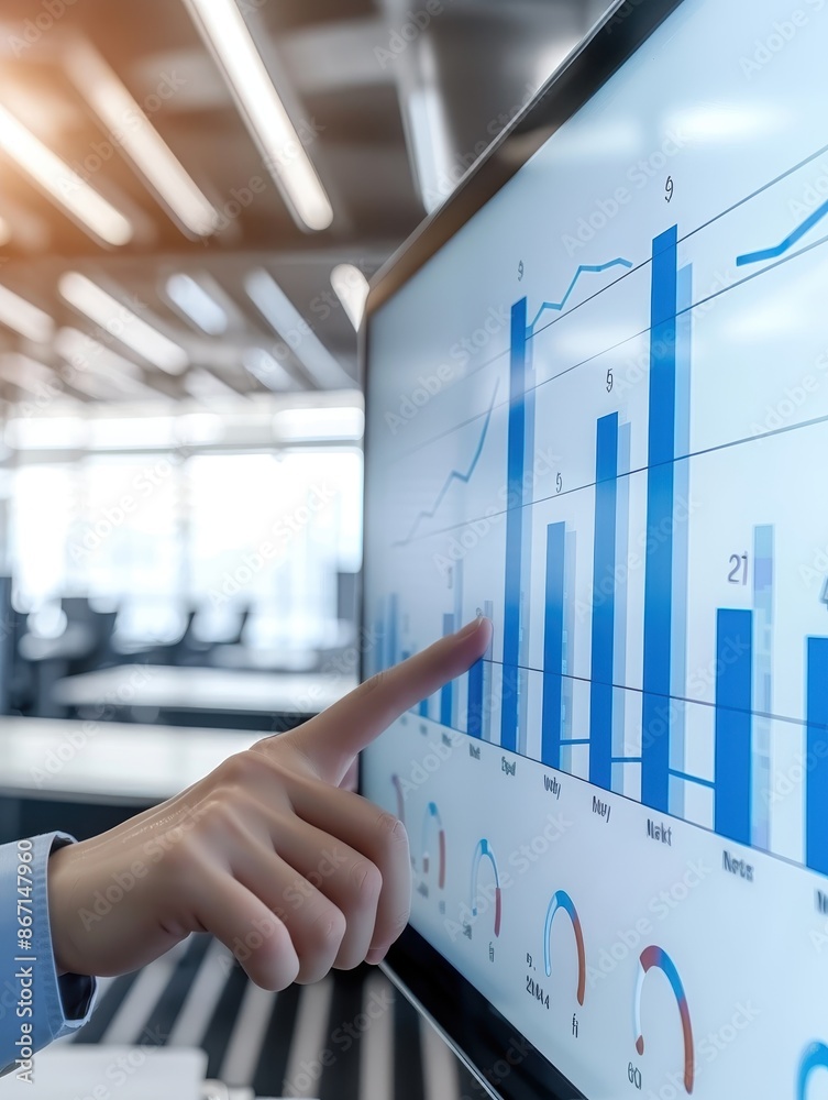 Fototapete business person pointing at data chart on interactive screen in modern office. analyzing performance