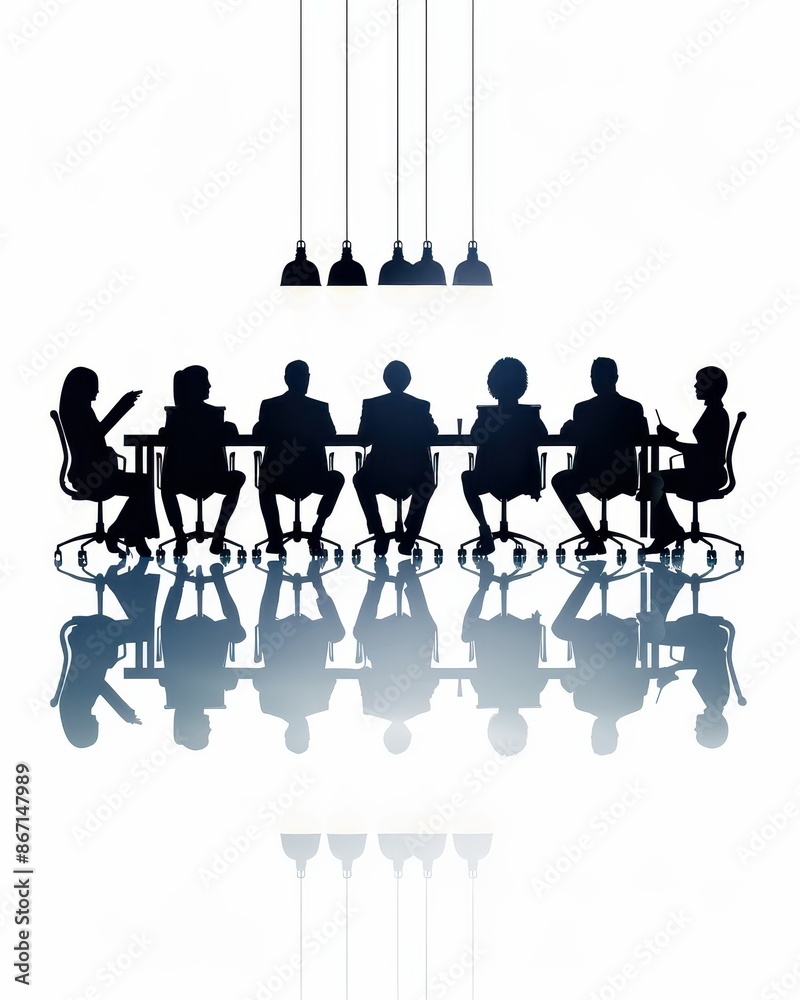 Poster business people silhouettes in a meeting setting. collaborative brainstorming session with reflectio