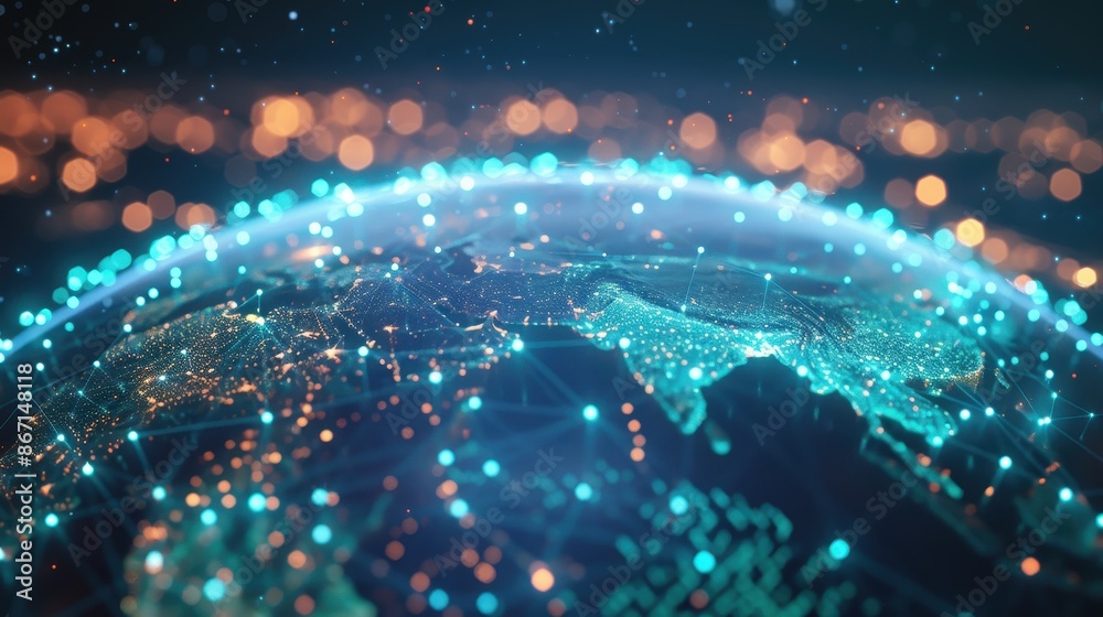 Leinwandbilder Aerial view of a digitally connected globe with glowing data points and vibrant lights, representing global communication and technology.