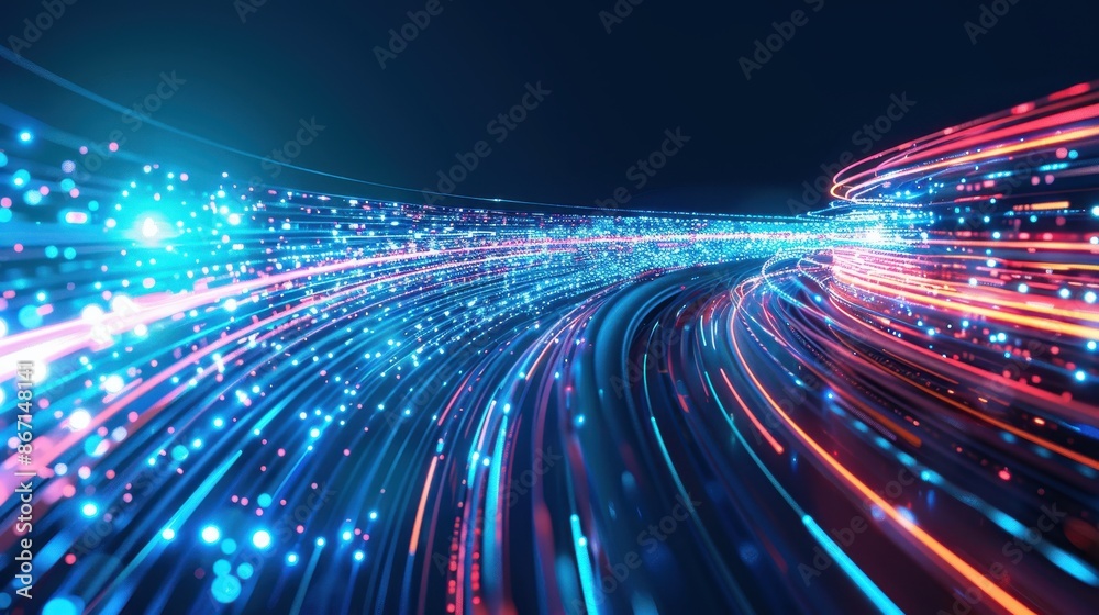 Poster abstract visualization of digital data flow with vibrant neon lights in a dynamic curve, symbolizing