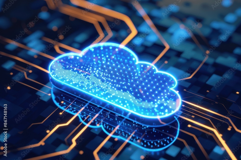 Aufkleber Abstract visualization of cloud computing technology with glowing circuits illustrating digital infrastructure and data storage concept.