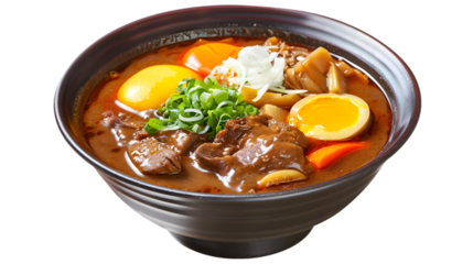 A delicious bowl of ramen with flavorful broth, topped with tender meat, fresh vegetables, boiled eggs, and green onions, perfect for food lovers.