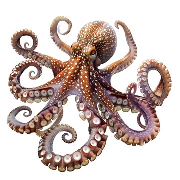 A detailed, realistic illustration of an octopus with vibrant colors and intricate patterns on its body and tentacles.