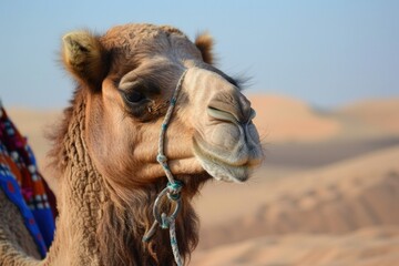 Camel is standing in the desert wearing traditional gear