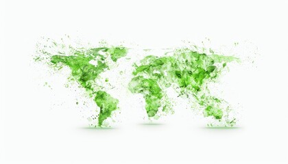 Fototapeta premium Abstract green world map created with watercolor splashes on a white background, symbolizing global unity and environmental awareness.