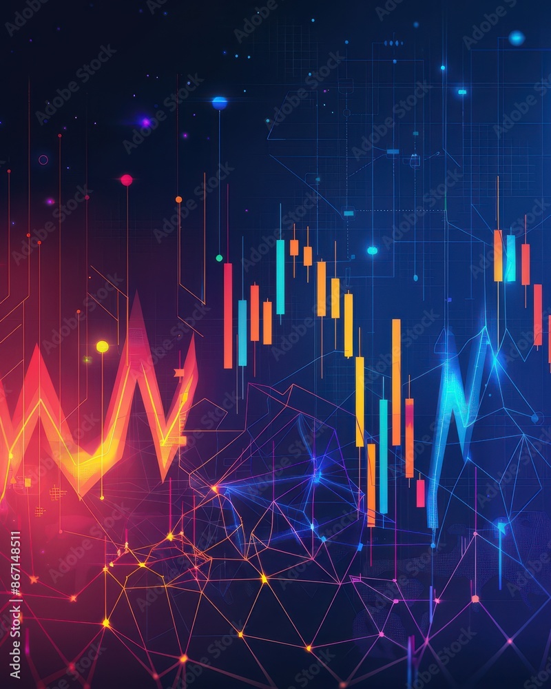 Poster Abstract digital stock market graph with vibrant colors showing data visualization for financial analysis, investment trends, and technology.