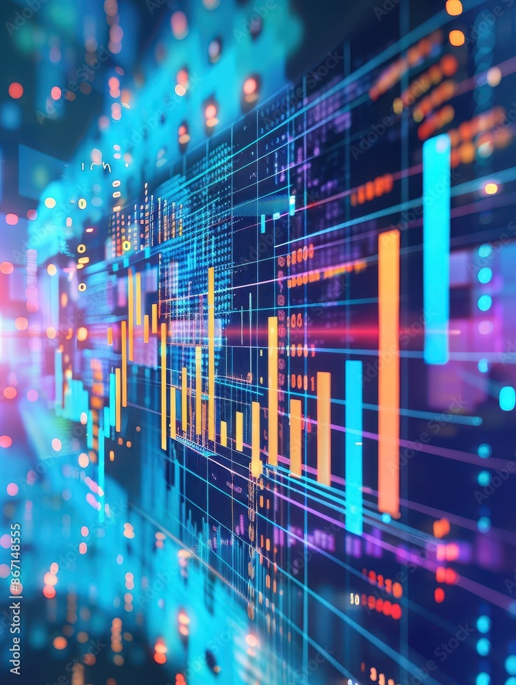 Poster Abstract digital interface with glowing charts and graphs representing data analysis, technology trends, and financial information.