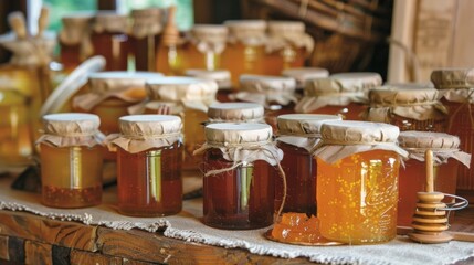 Jars of homemade preserves and honey accompanied by small wooden ss add a touch of rustic charm to the tabletop.