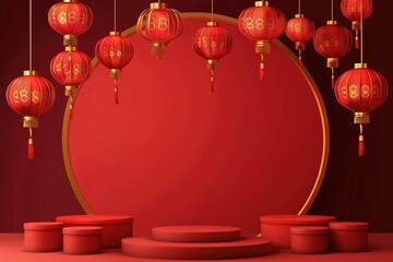 Chinese lamp and metallic ball ornament with podium display stand on red background 3d rendering. 3d illustration greeting for Happiness, Prosperity & Longevity. Chinese new year festival.