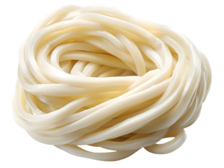 Close-up of uncooked, coiled udon noodles isolated on a white background, showcasing their texture and color. Perfect for food and culinary themes.