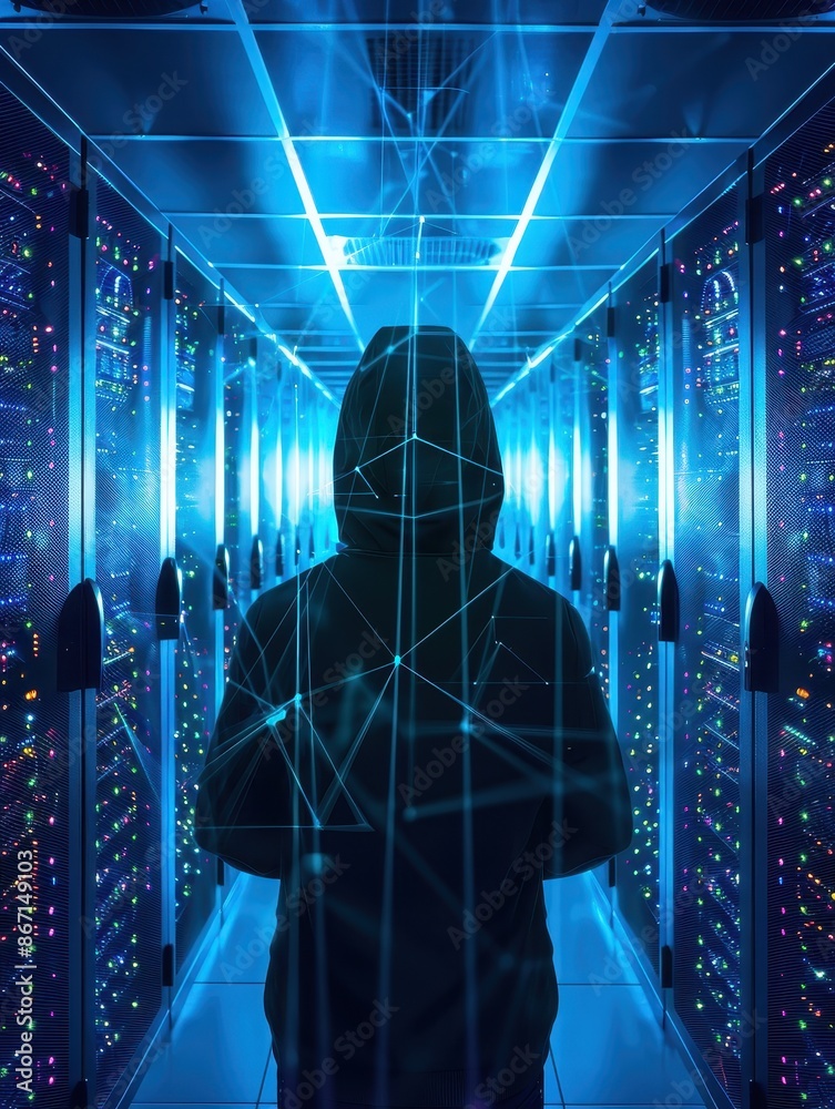 Poster A hooded figure standing in a futuristic server room with blue lighting, representing cybersecurity and hacking concepts.