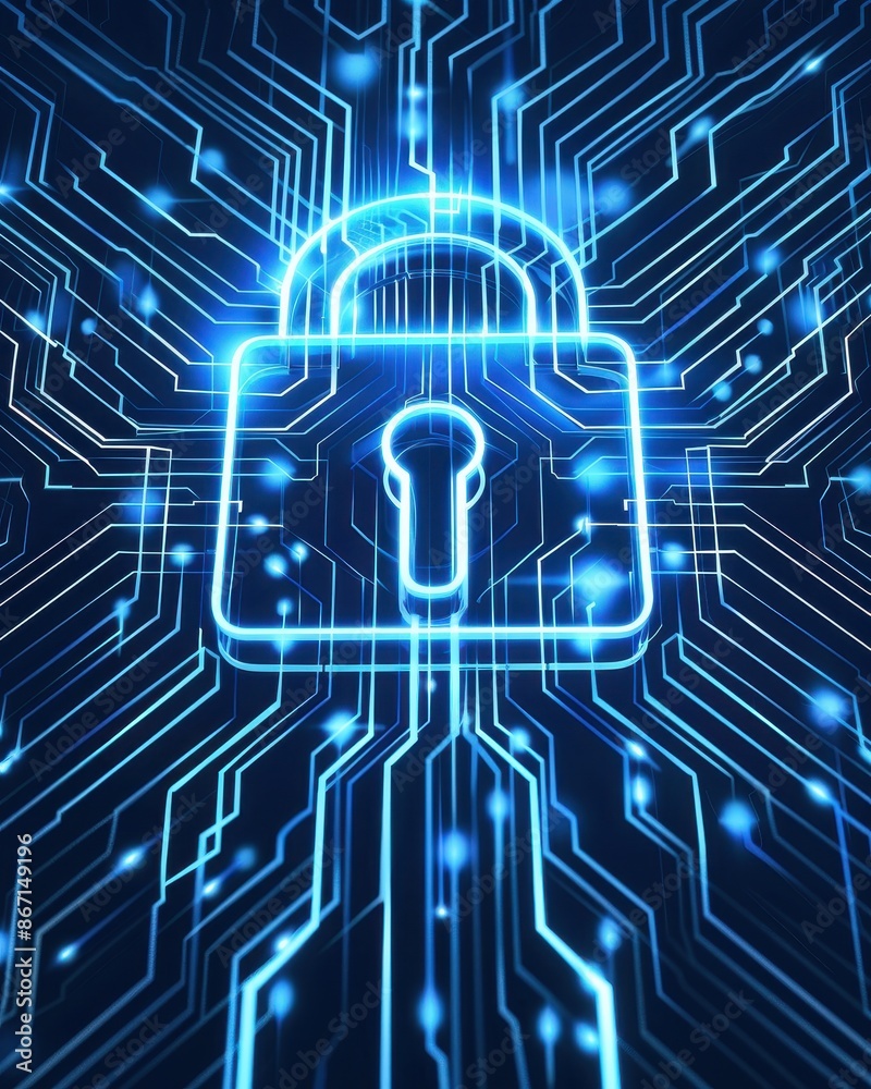 Poster a glowing padlock illustration on a digital circuit background symbolizing cybersecurity, data prote