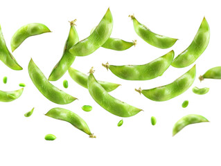 Fresh green edamame beans scattered in a pattern, isolated on a white background. Perfect for healthy eating and vegetarian concepts.