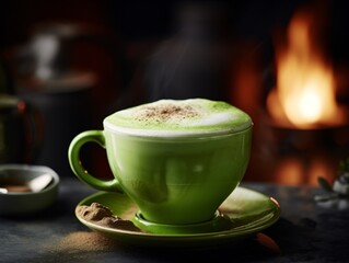 a green cup of coffee with a foamy foam on top