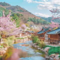 한국 자연의 그림 같은 풍경.한국 전통 가옥과 나무가 있는 풍경