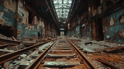 Abandoned old industrial plant interior, empty railway tracks, decaying walls, rusted machinery, eerie yet exciting atmosphere, intricate details