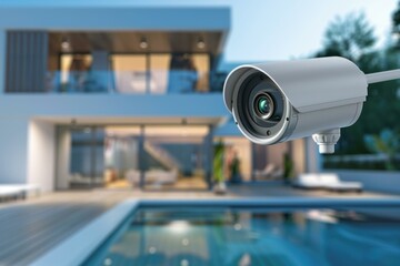 Security camera is monitoring a modern house with a swimming pool, ensuring safety and protection